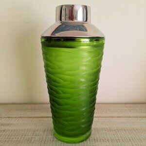 Mid Century Modern Heavy Glass Etched Glass Cocktail Shaker Green